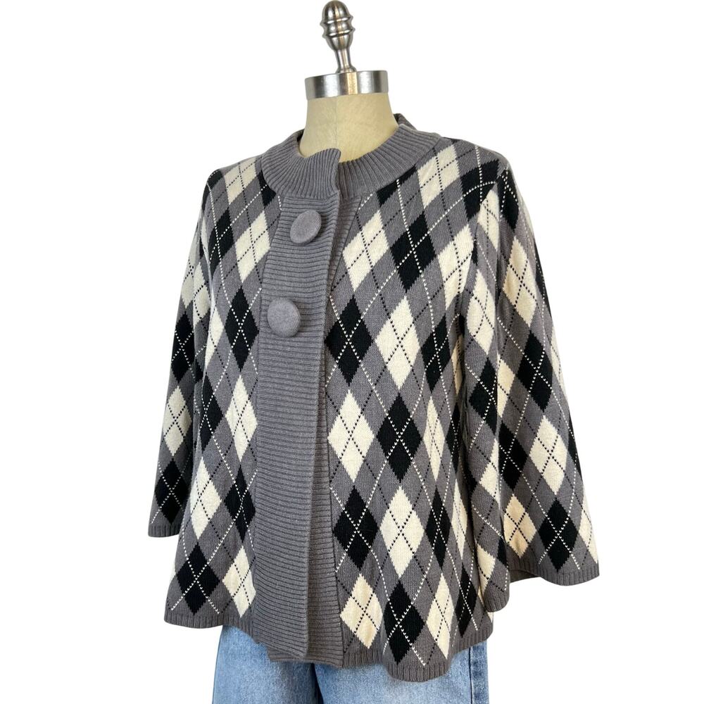 Vintage Classic Elements Argyle Print 3/4 Sleeve Sweater Cardigan (Sz L)
